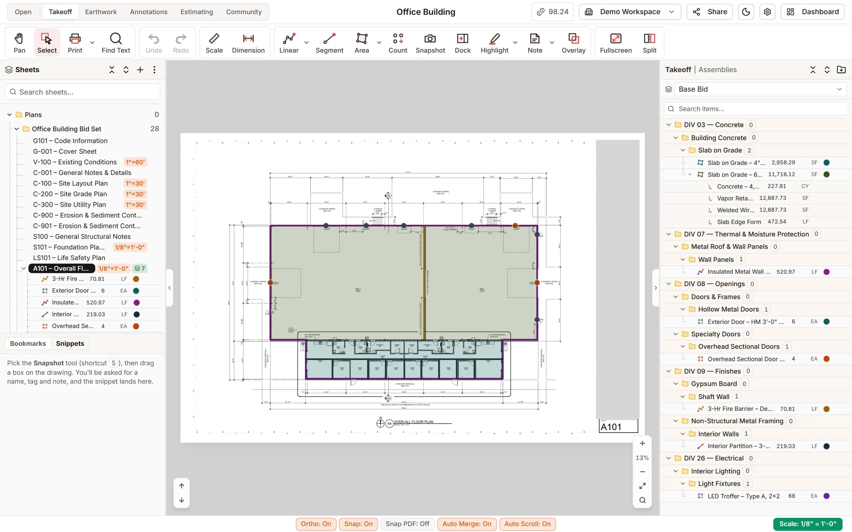 Takeoff screen with an office building floor plan measured: slab areas, wall runs, door counts and the item list grouped by CSI division